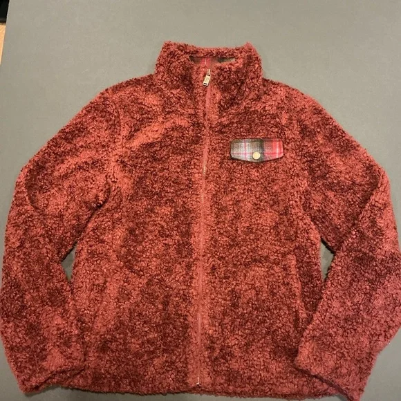 Pendleton Sherpa Fleece Zip Jacket Burgundy Plaid Wool Accent Women’s Small